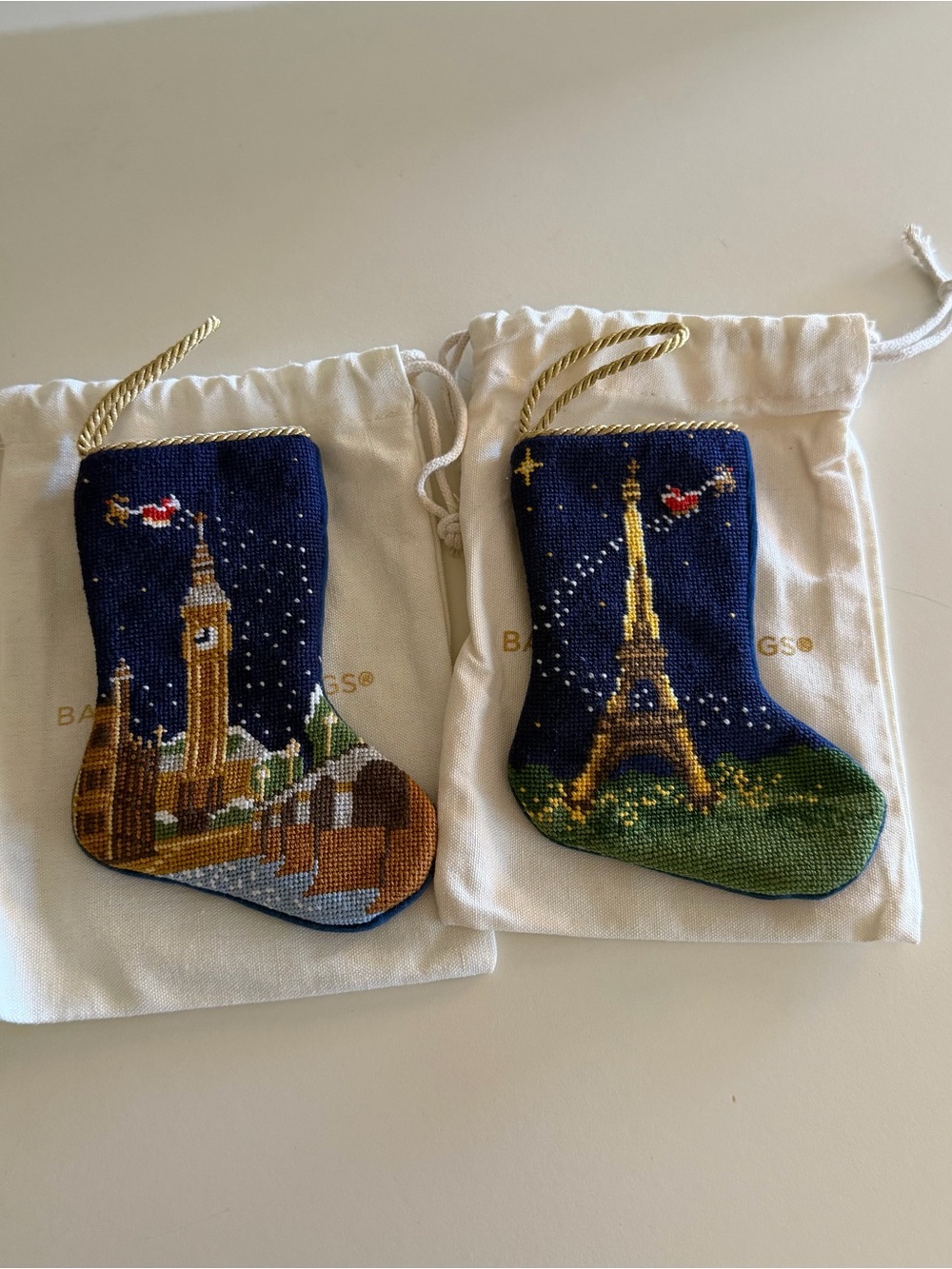 Bauble Stockings “Bonne Nuit” Santa In Paris and The Big Ben Bauble In London